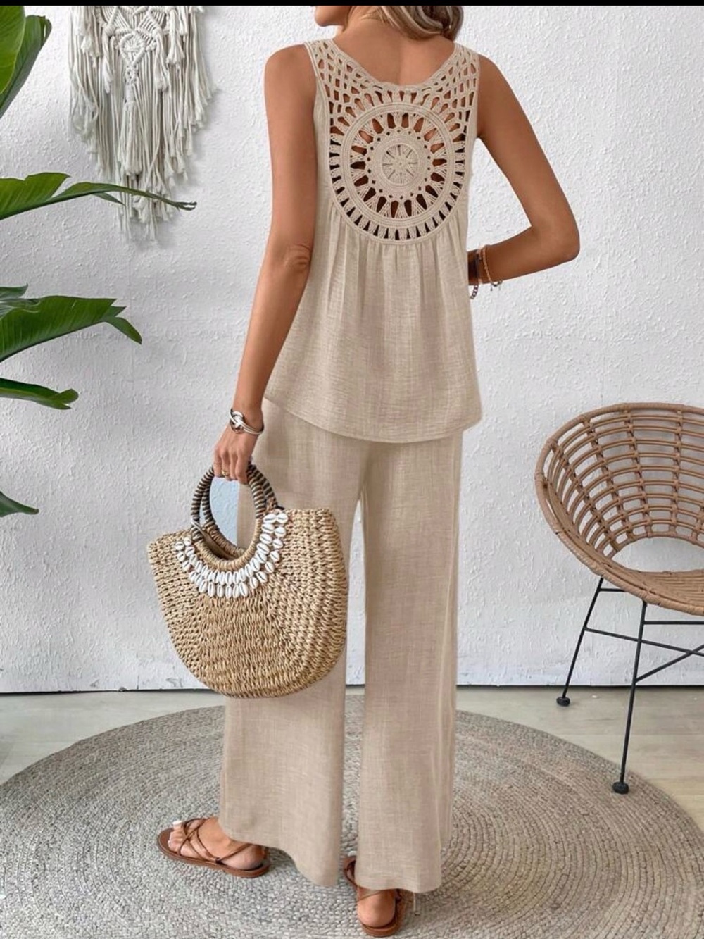 SHEIN Beige Crochet-Back Wide-Leg Jumpsuit - Picture 6 of 15